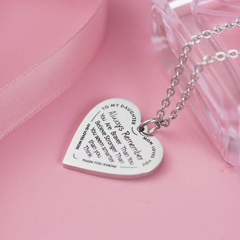 Haoflower Daughter Heart Pendant Necklace You are Braver Than You Believe Engraved Motivational Message Stainless Steel Jewelry Gifts from Mom Dad (to My daugher - Mom Loves You) - Image 4